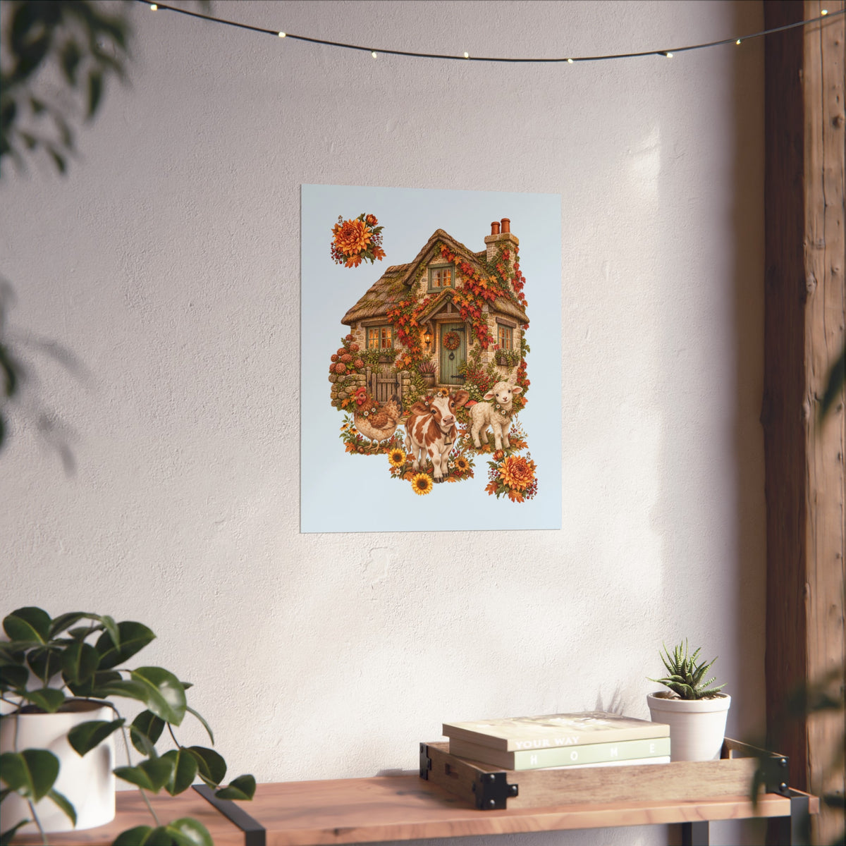 A vertical art print featuring a vintage illustration of a cozy cottage surrounded by autumn leaves, sunflowers, and dogs, displayed on a textured white wall above a wooden console table with plants.