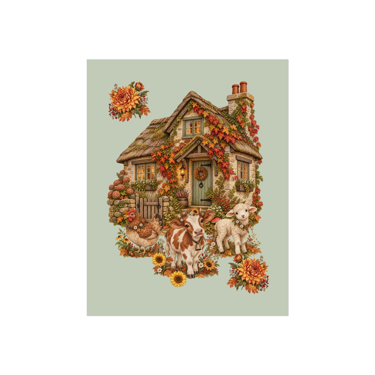 A vertical art print featuring a whimsical illustration of a small cottage decorated with autumn flowers and vines, with a cow, lamb, and squirrel in front, centered on a pale sage green background.