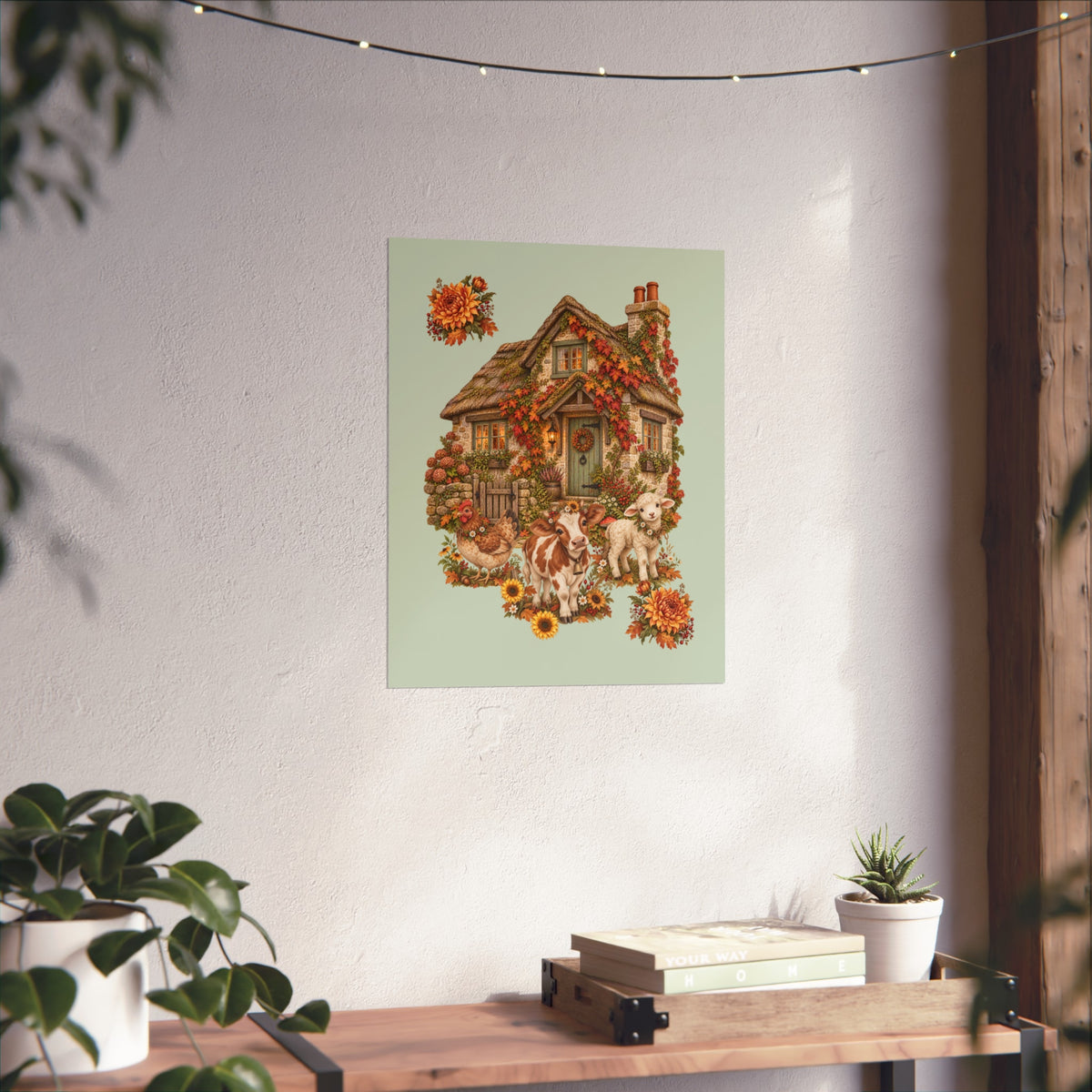 A vertical art print featuring a vintage-style illustration of a cozy house surrounded by autumn flowers and several dogs, displayed on a textured off-white wall above a wooden console table with plants.