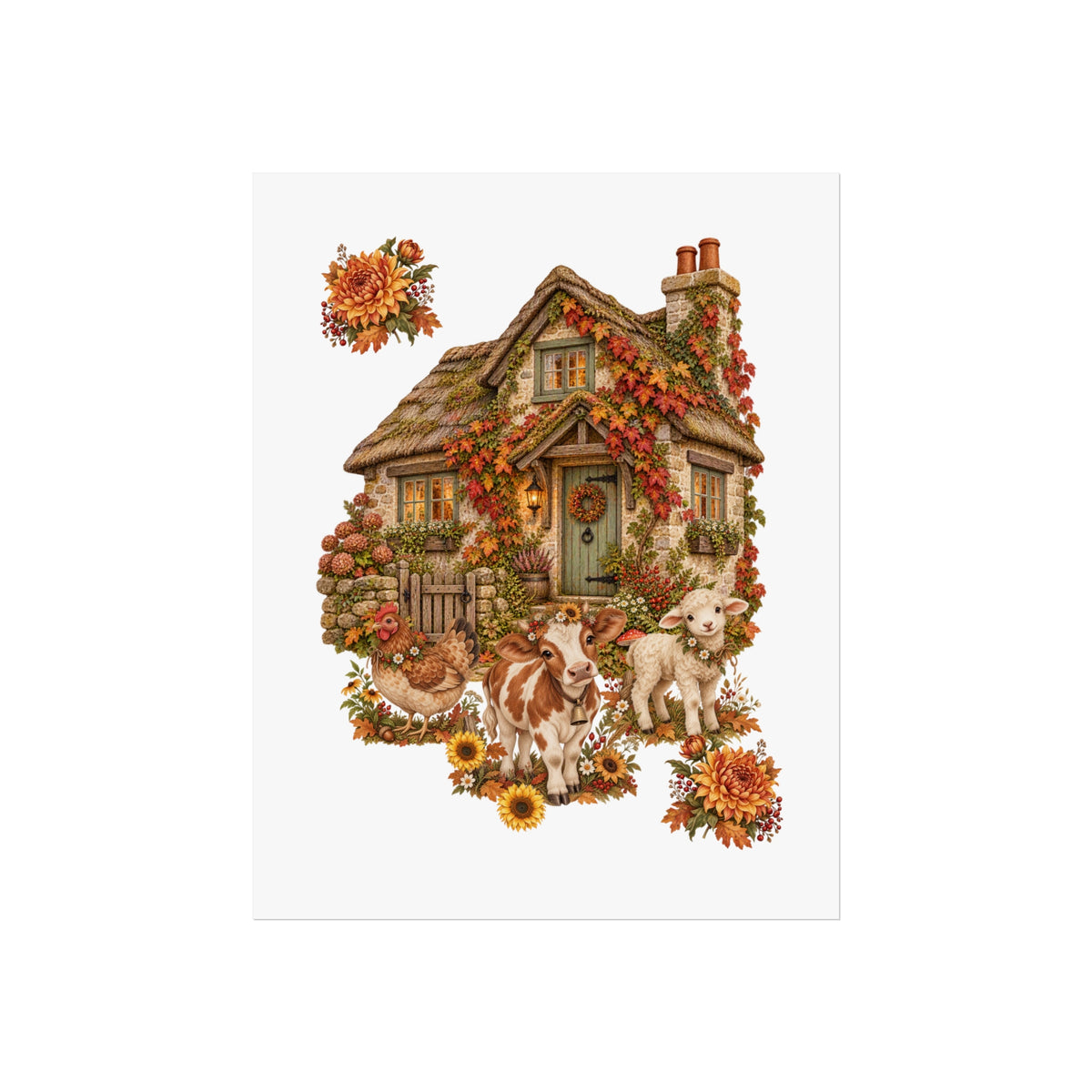 A square art print featuring a whimsical autumn cottage illustration with flowers, sunflowers, cows, and a lamb on a white background.