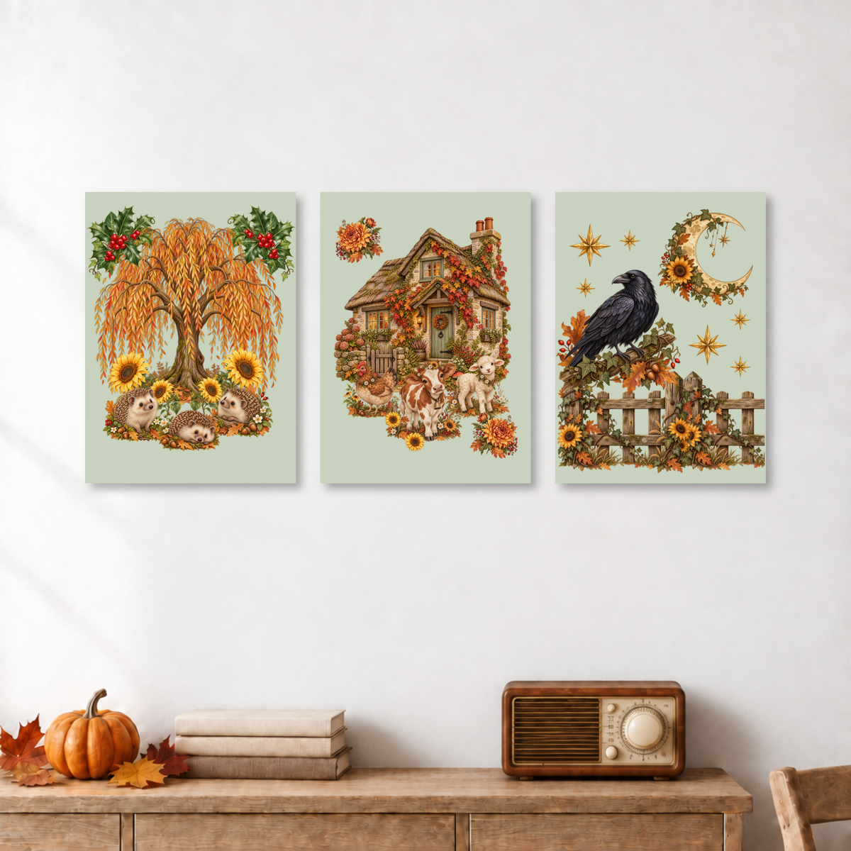 Three vertical autumn-themed art prints displayed side-by-side on a white wall above a wooden console table with a pumpkin, books, and a vintage radio.