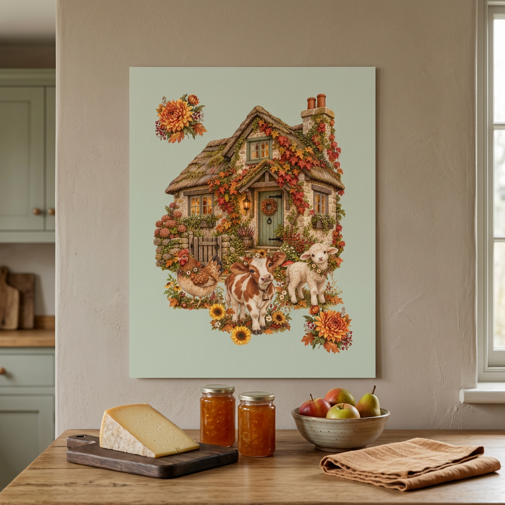 A vertical canvas wall art print featuring a whimsical cottage surrounded by autumn flowers, sunflowers, and two cows, displayed on a beige wall above a wooden table with cheese, jars, and fruit.