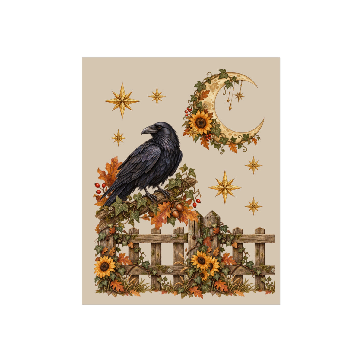 A square art print featuring a black raven perched on a rustic wooden fence, surrounded by autumn leaves, sunflowers, a crescent moon wreath, and gold stars on a beige background.