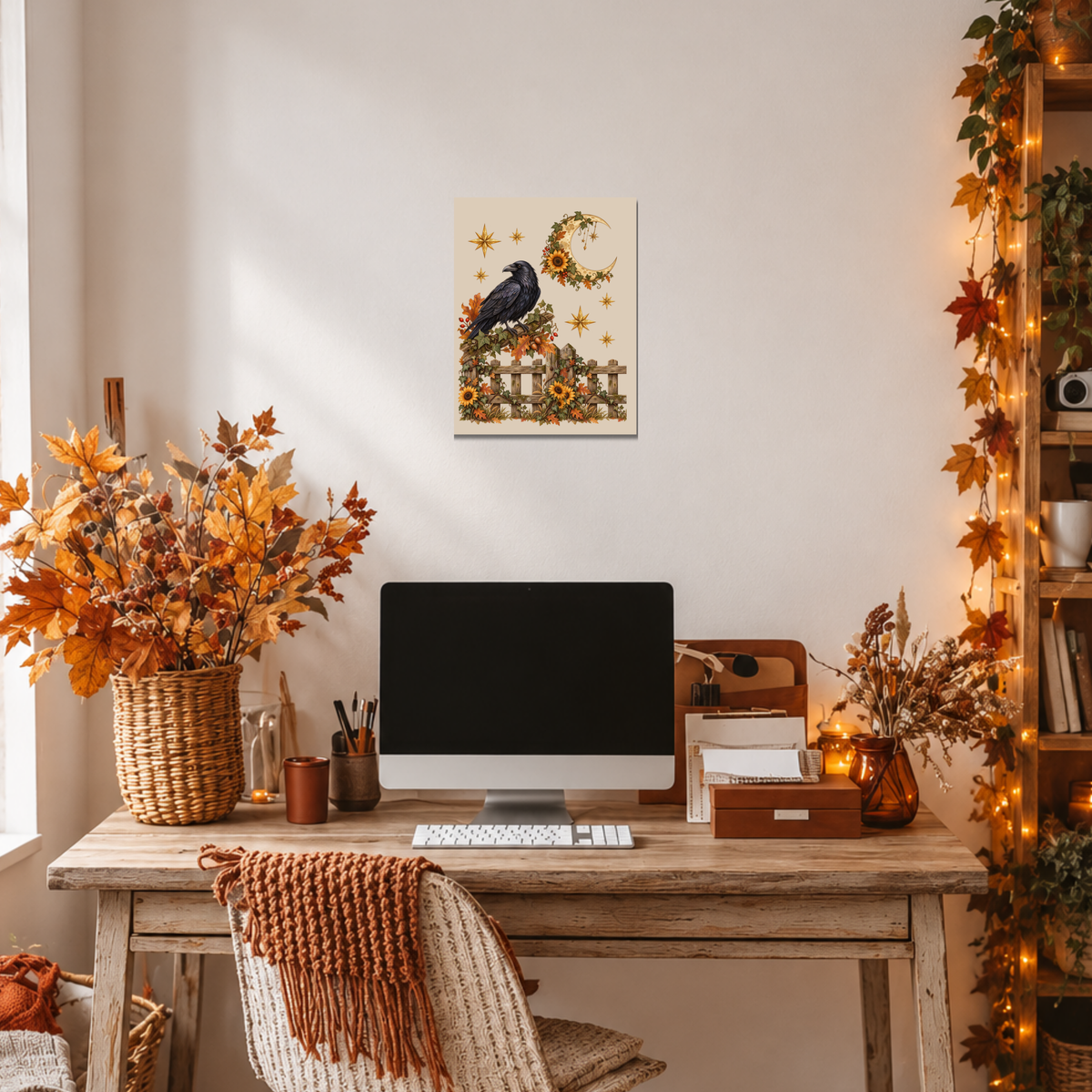 A cozy autumn-themed home office scene featuring a vertical art print of a black bird on a fence with a crescent moon and stars, styled on a white wall above a rustic wooden desk with a computer, keyboard, and decorative fall foliage.