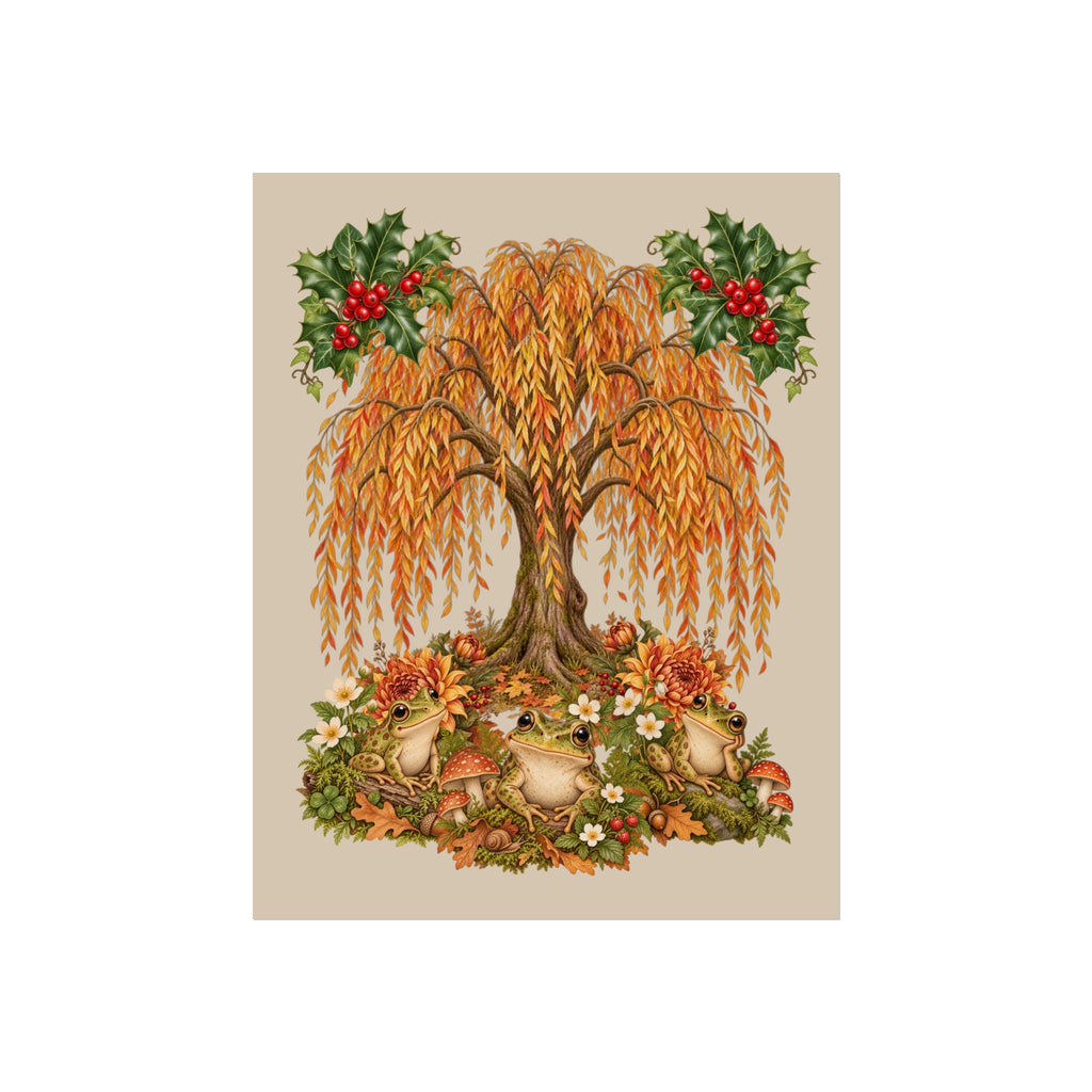 A vertical art print featuring an autumn willow tree with orange and yellow leaves, green holly with red berries, and several brown foxes among fallen leaves and flowers, centered on a beige background.