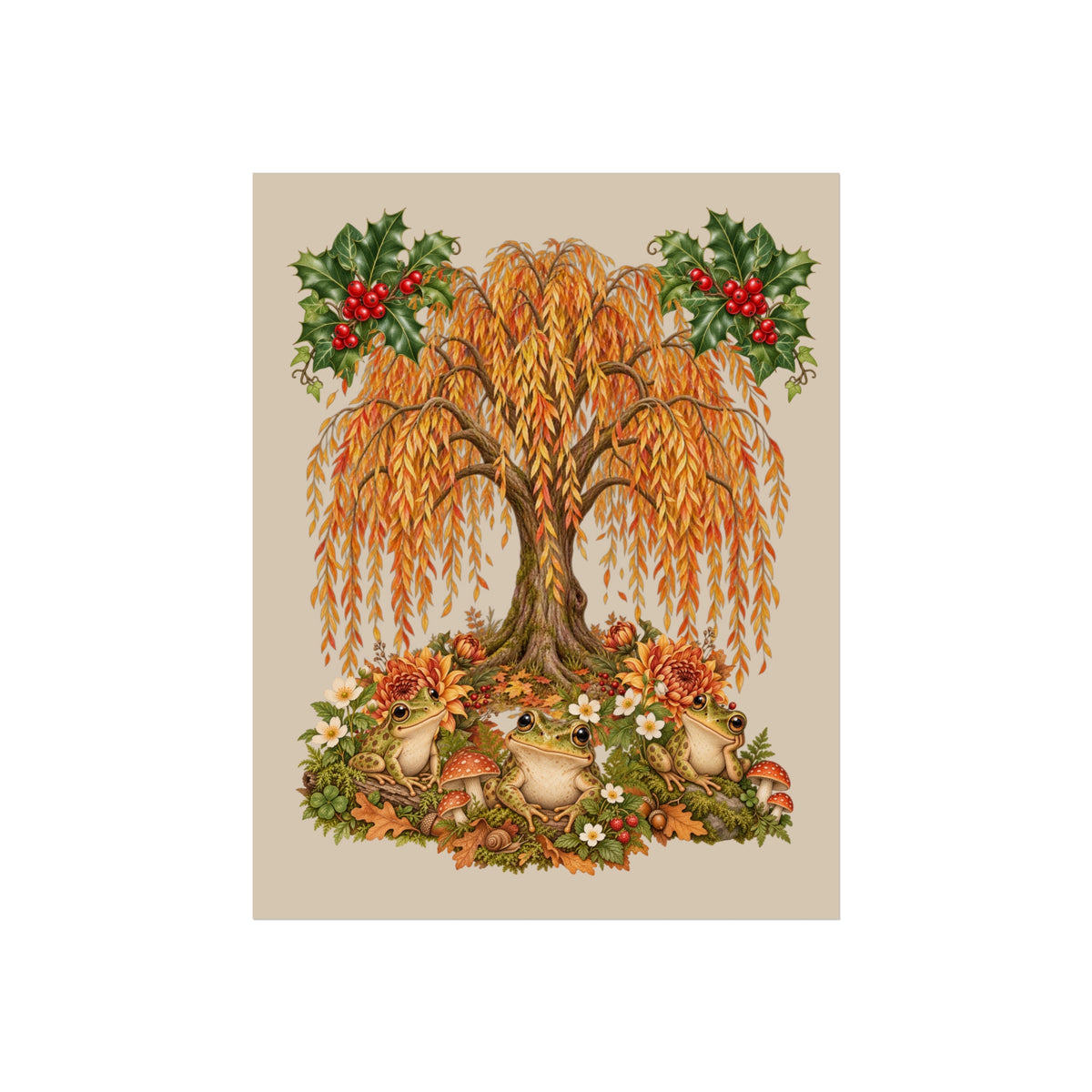 A vertical art print featuring an autumn willow tree with orange and yellow leaves, green holly with red berries, and several brown foxes among fallen leaves and flowers, centered on a beige background.