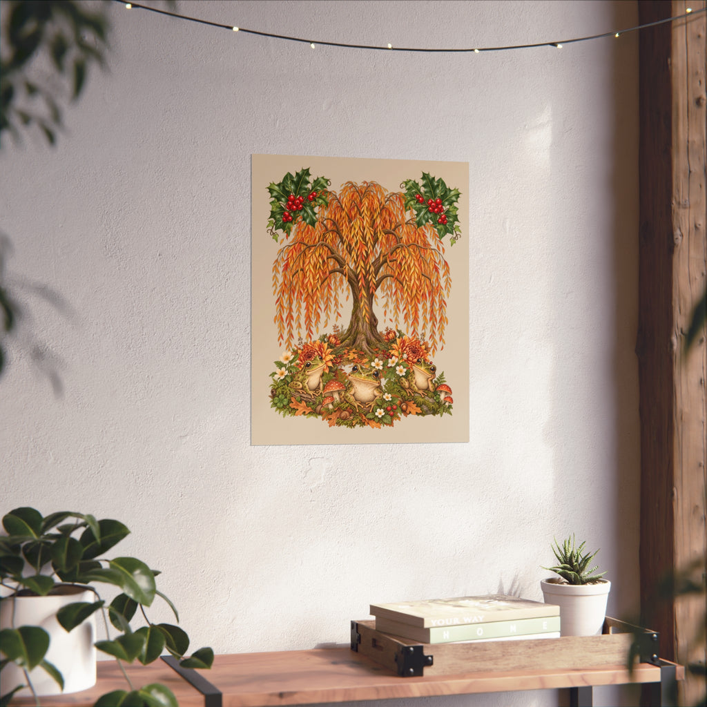 A vertical art print featuring a whimsical tree with golden-orange leaves, sunflowers, hedgehogs, and red berries, displayed on a textured white wall above a wooden console table with plants.