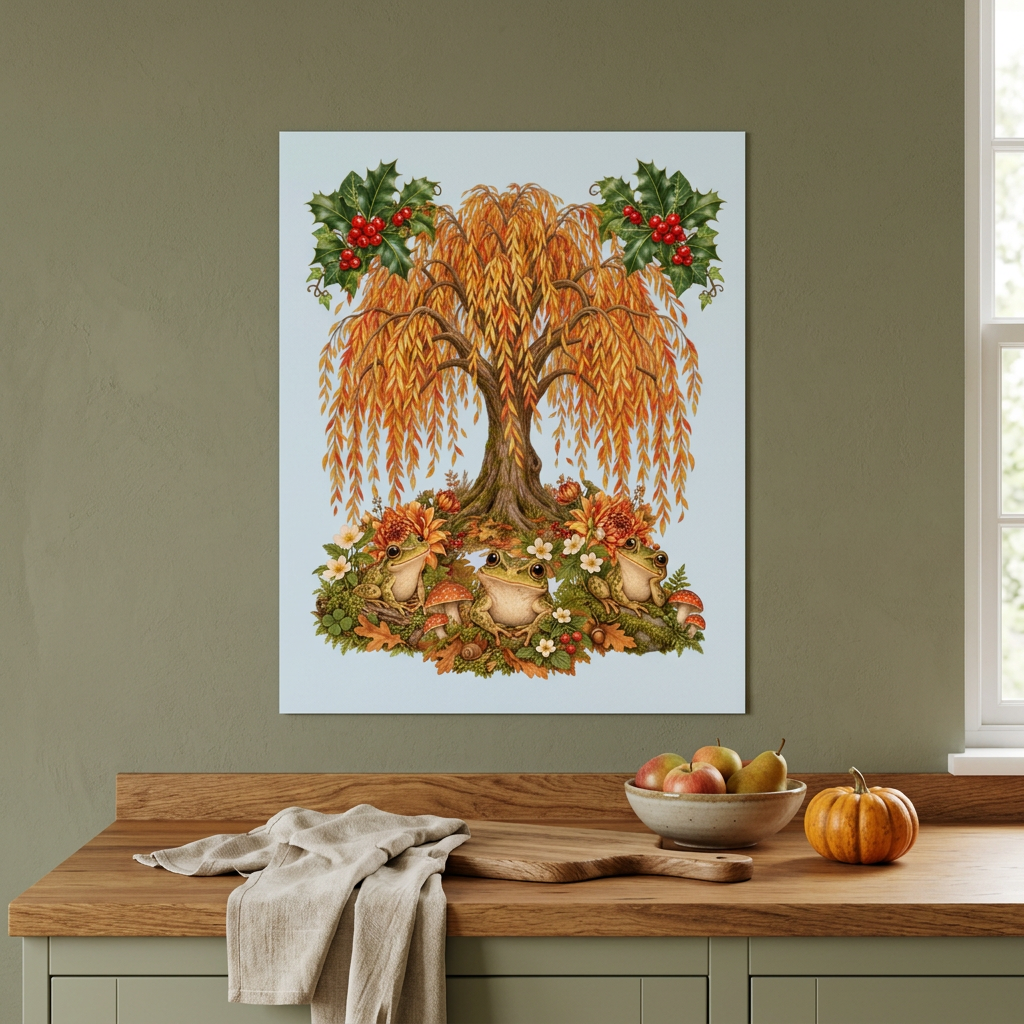 Unframed 4:5 frog poster in an autumn-green kitchen