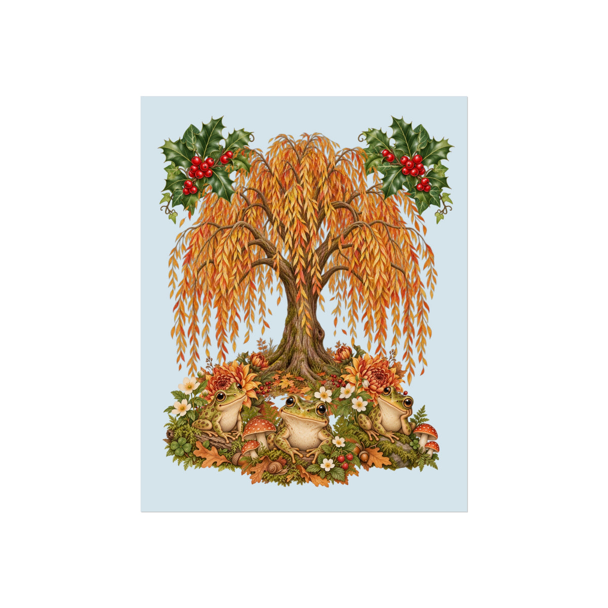 A vertical art print featuring a whimsical autumn tree with orange and yellow leaves, green holly branches with red berries, and mushrooms among fallen leaves at the base, centered on a pale blue background with a white border.
