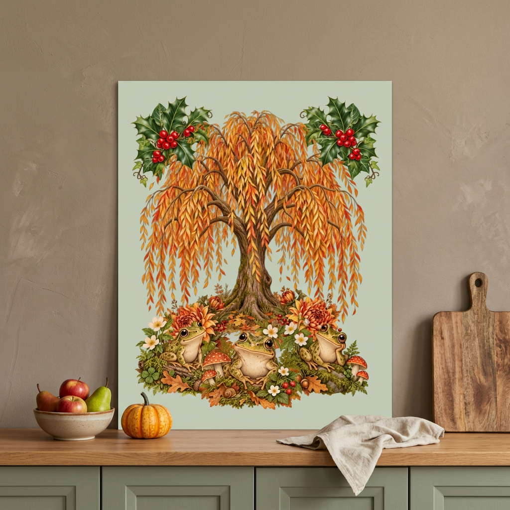 Unframed sage-green 4:5 frog poster in an autumn kitchen