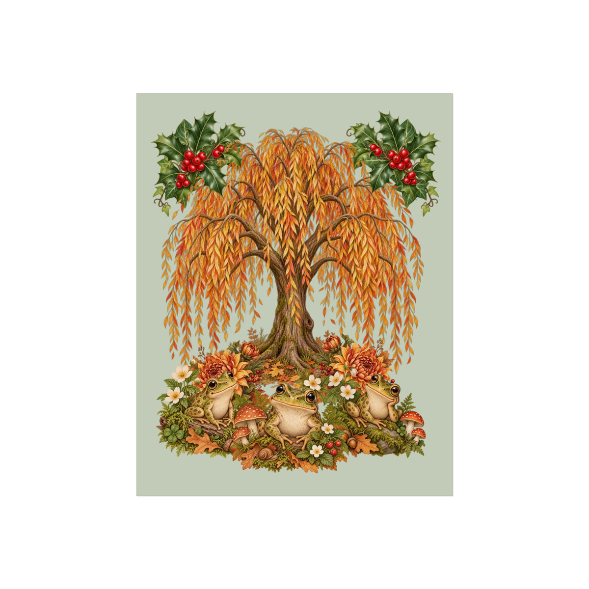 A vertical art print featuring a whimsical autumn tree with golden-orange leaves, green holly with red berries, and mushrooms among leaves at the base, centered on a pale sage green background.