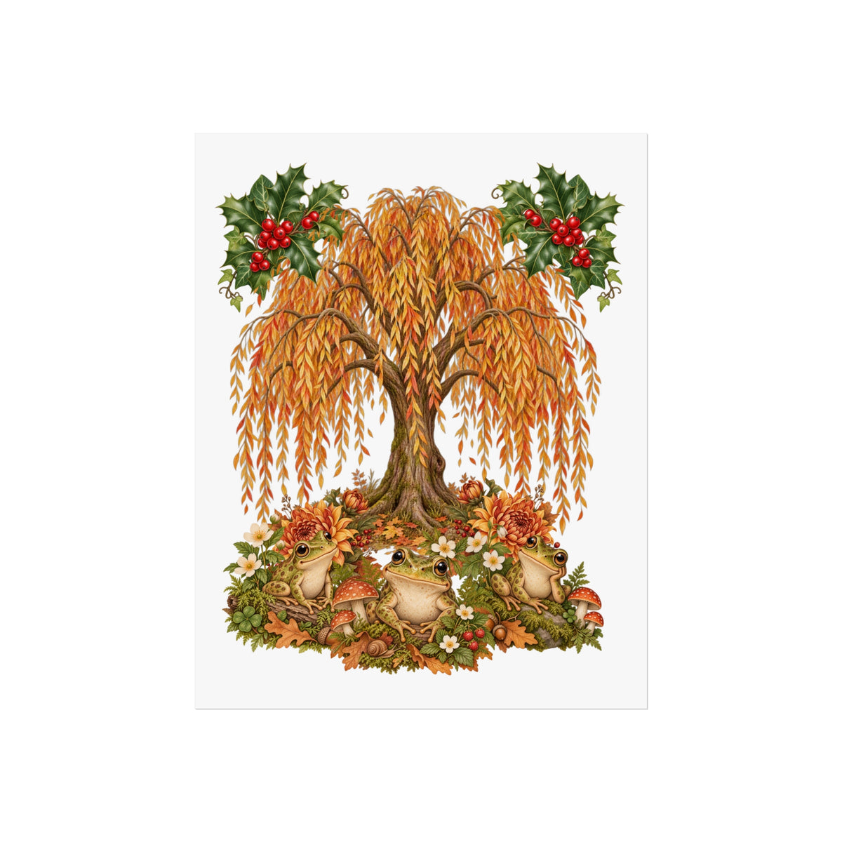 An autumn-themed art print featuring a weeping willow tree with golden-orange leaves, green holly with red berries, and two small brown foxes nestled among fallen leaves and flowers at the base, shown on a white background.