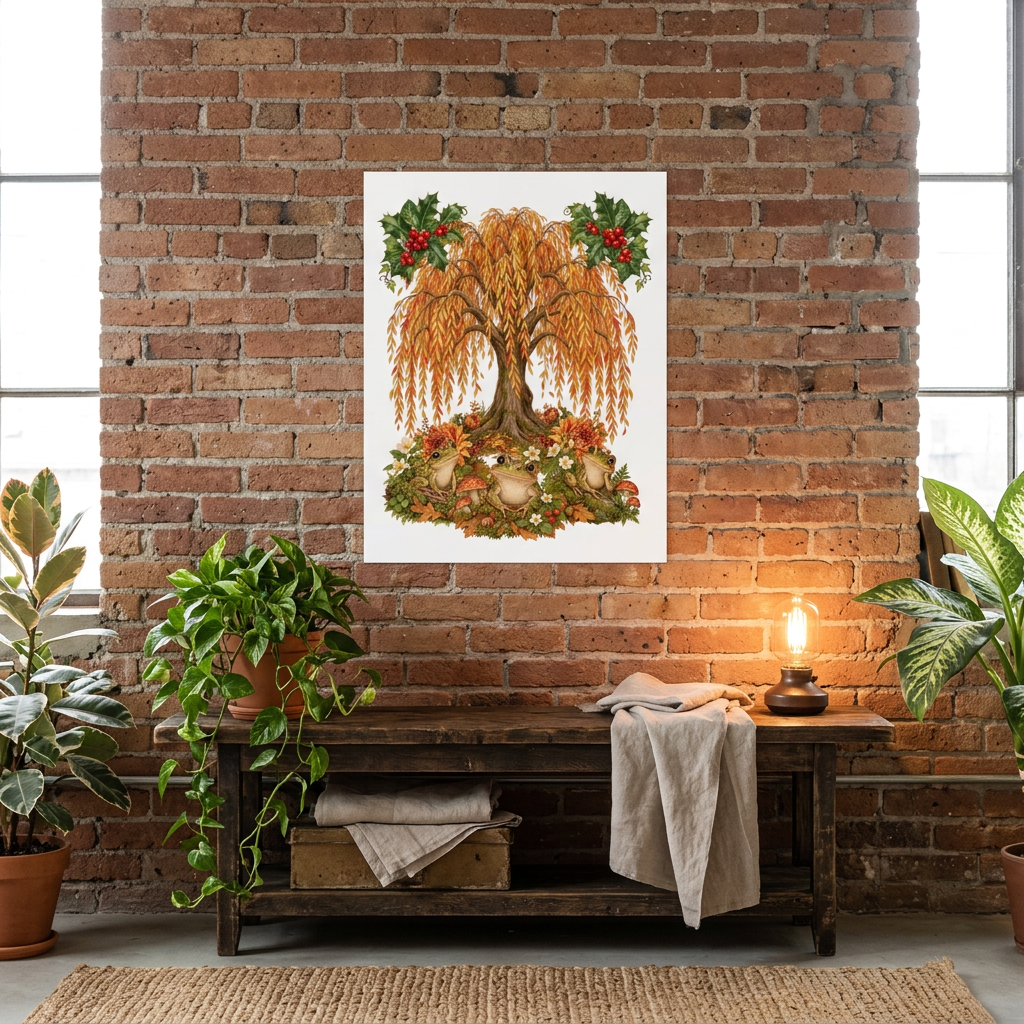 A vertical wall art print featuring a stylized autumn tree with golden-orange leaves, red berries, and colorful foliage, displayed on a rustic brick wall above a wooden bench in a styled room.