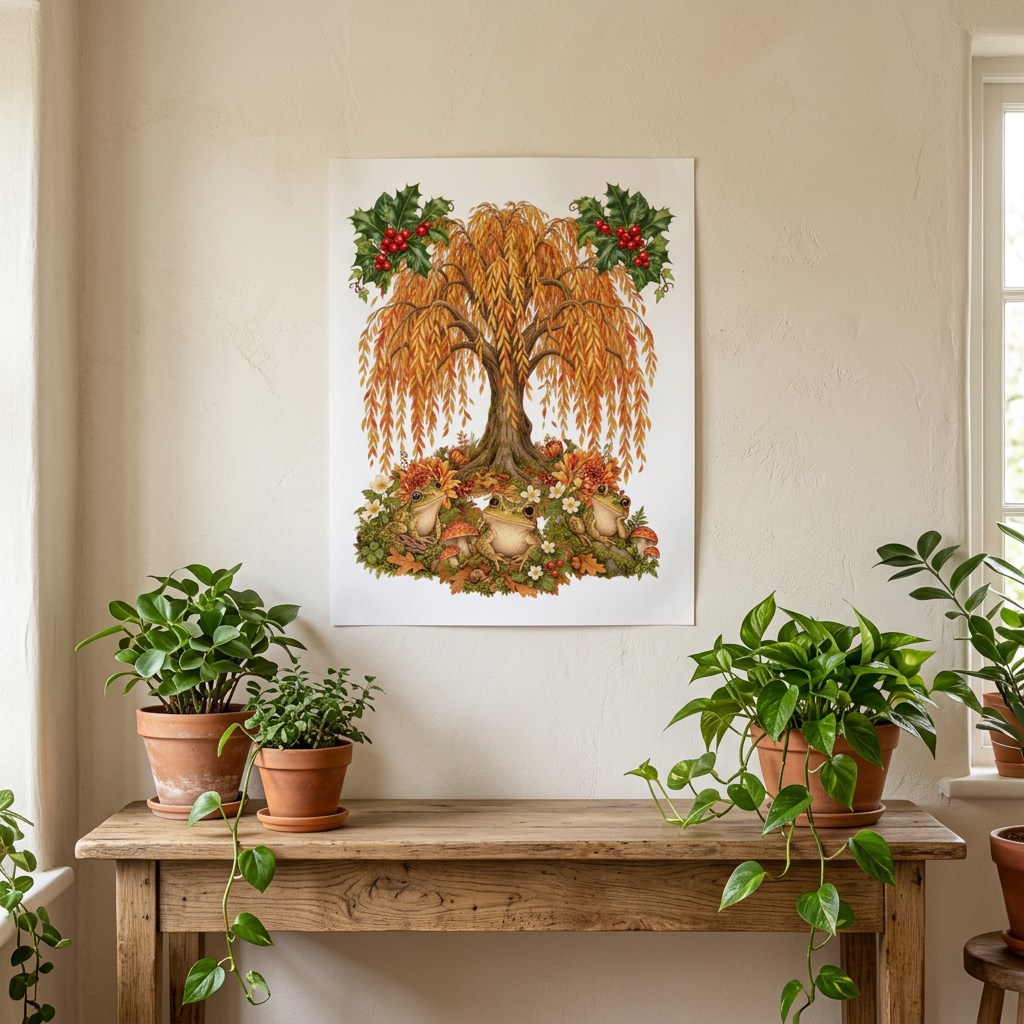 A vertical wall art print featuring a stylized autumn tree with golden-orange leaves, red berries, and colorful floral details, displayed above a rustic wooden console table with potted green plants in a bright indoor setting.