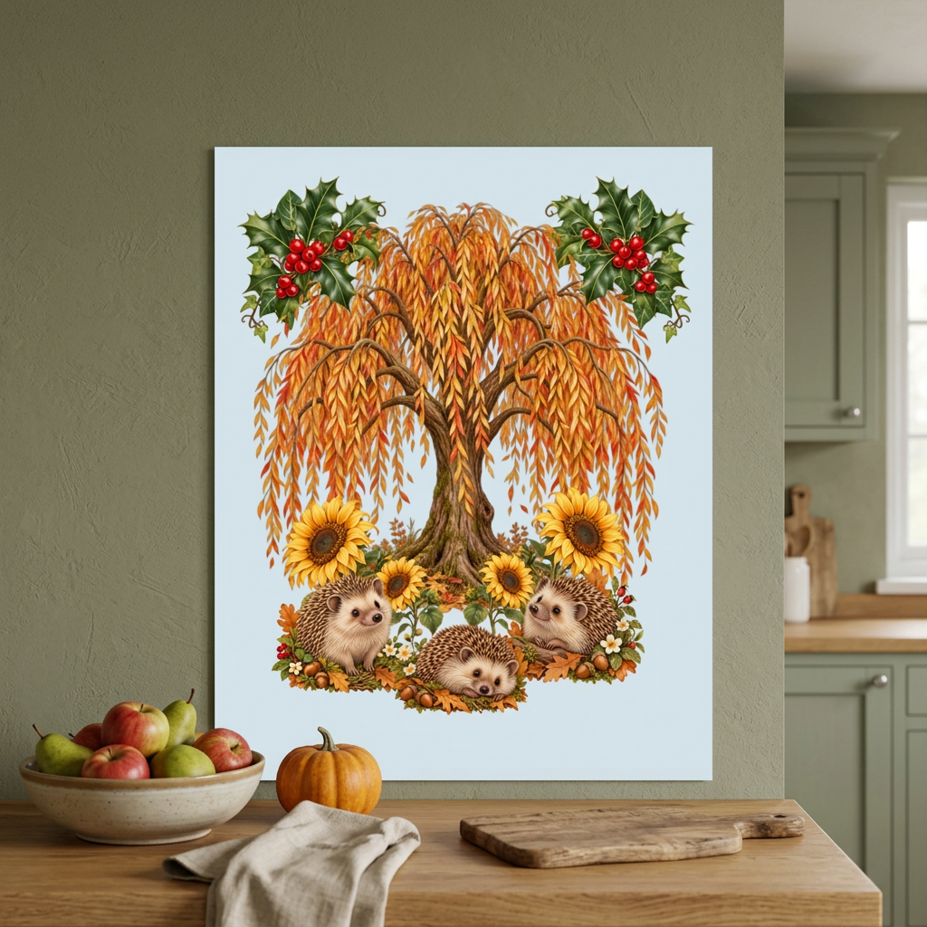Unframed 4:5 hedgehog poster in an autumn-green kitchen