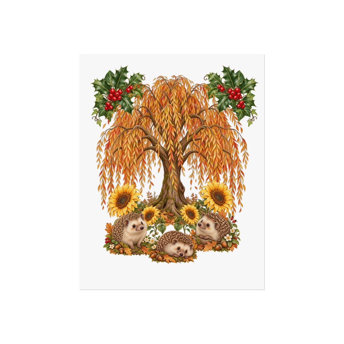 A whimsical autumn illustration featuring three hedgehogs among sunflowers and a weeping tree with orange leaves, red berries, and green holly leaves on a white background.