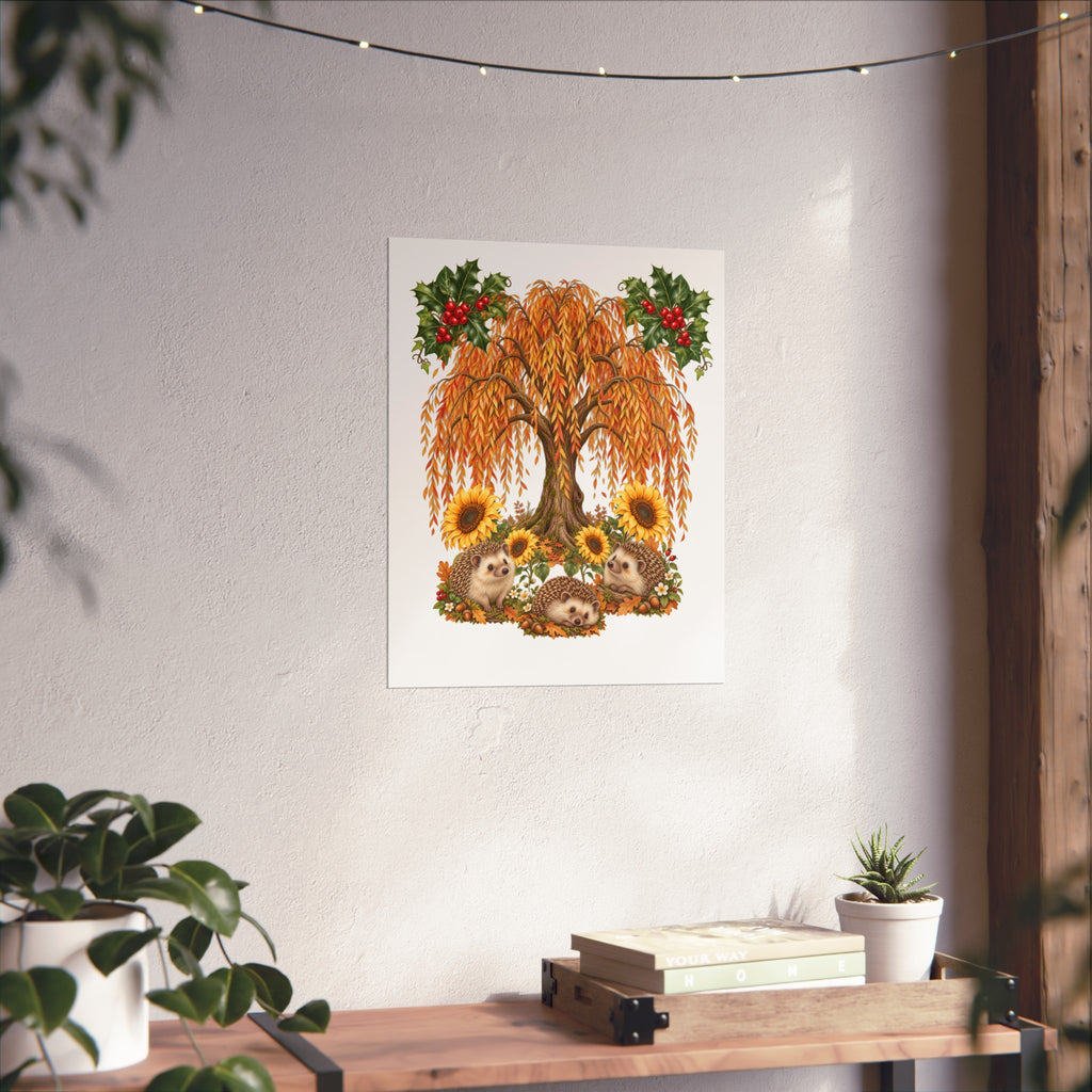 A vertical art print featuring a whimsical autumn tree with orange leaves, green holly accents, sunflowers, and hedgehogs, displayed on a textured white wall above a wooden console table with plants.