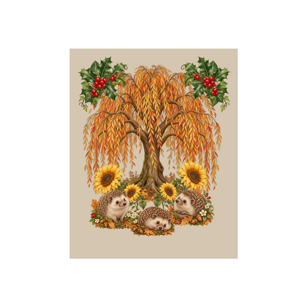 A vertical art print featuring a whimsical autumn scene with three hedgehogs under a weeping tree with golden-orange leaves, sunflowers, holly with red berries, and small wildflowers on a beige background.