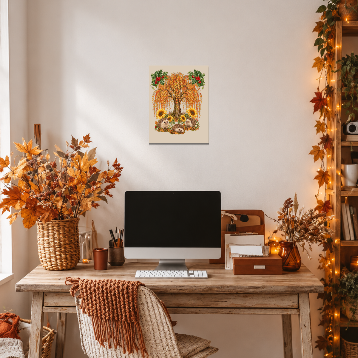 A framed vertical art print of an autumn tree with golden leaves and sunflowers hangs on a white wall above a rustic wooden desk with a computer, keyboard, and decorative fall foliage in a cozy home office setting.
