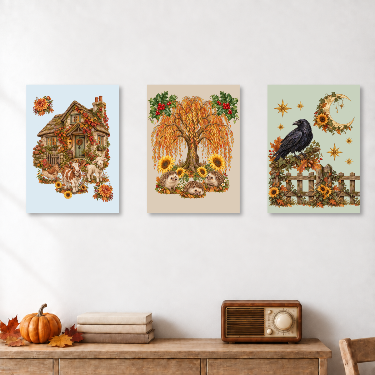 Three vertical autumn-themed art prints are displayed side-by-side on a white wall above a wooden console table decorated with a pumpkin, folded blankets, and a vintage radio. The left print shows a cottage surrounded by fall foliage on a light blue background.