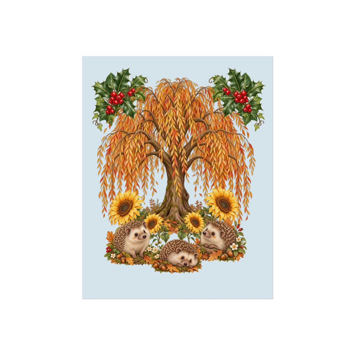 A vertical art print featuring a whimsical illustration of three hedgehogs under a large autumn tree with sunflowers, holly leaves, and red berries on a pale blue background.
