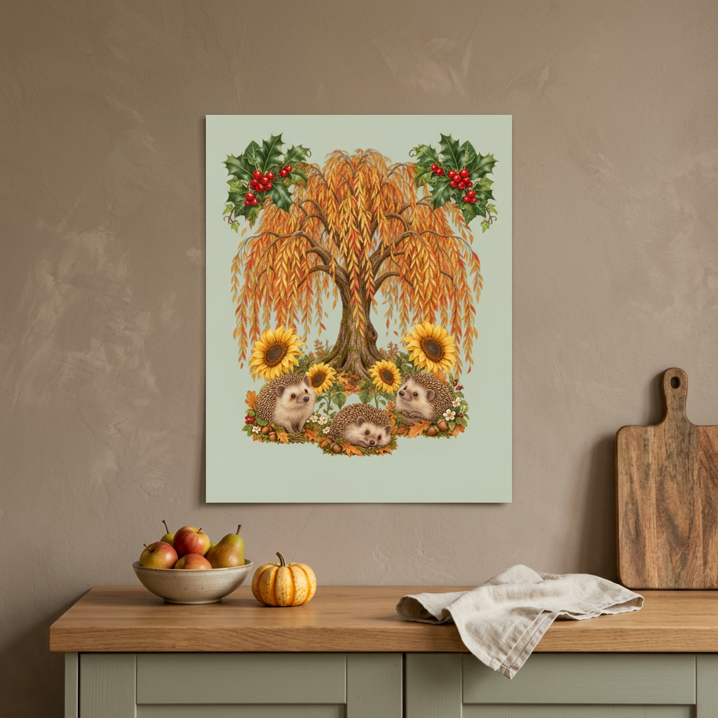 Unframed sage-green 4:5 hedgehog poster in an autumn kitchen