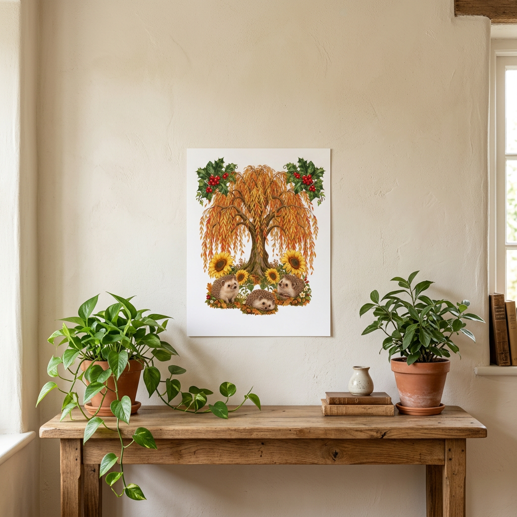 Unframed hedgehog and sunflower artwork styled with green plants