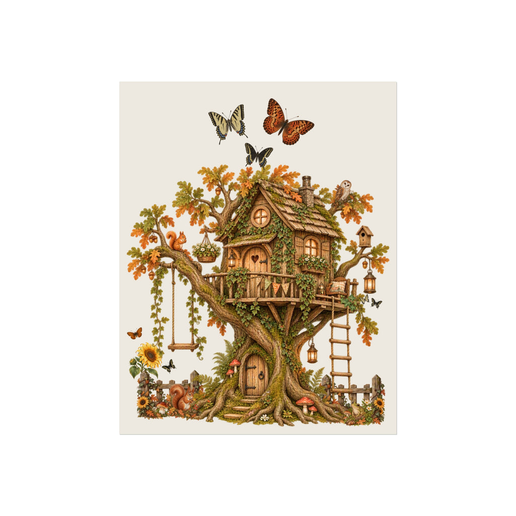 A whimsical treehouse illustration featuring a detailed cottage nestled in a large tree trunk, with autumn leaves, hanging lanterns, a ladder, a swing, sunflowers, birds, and butterflies on a light cream background.