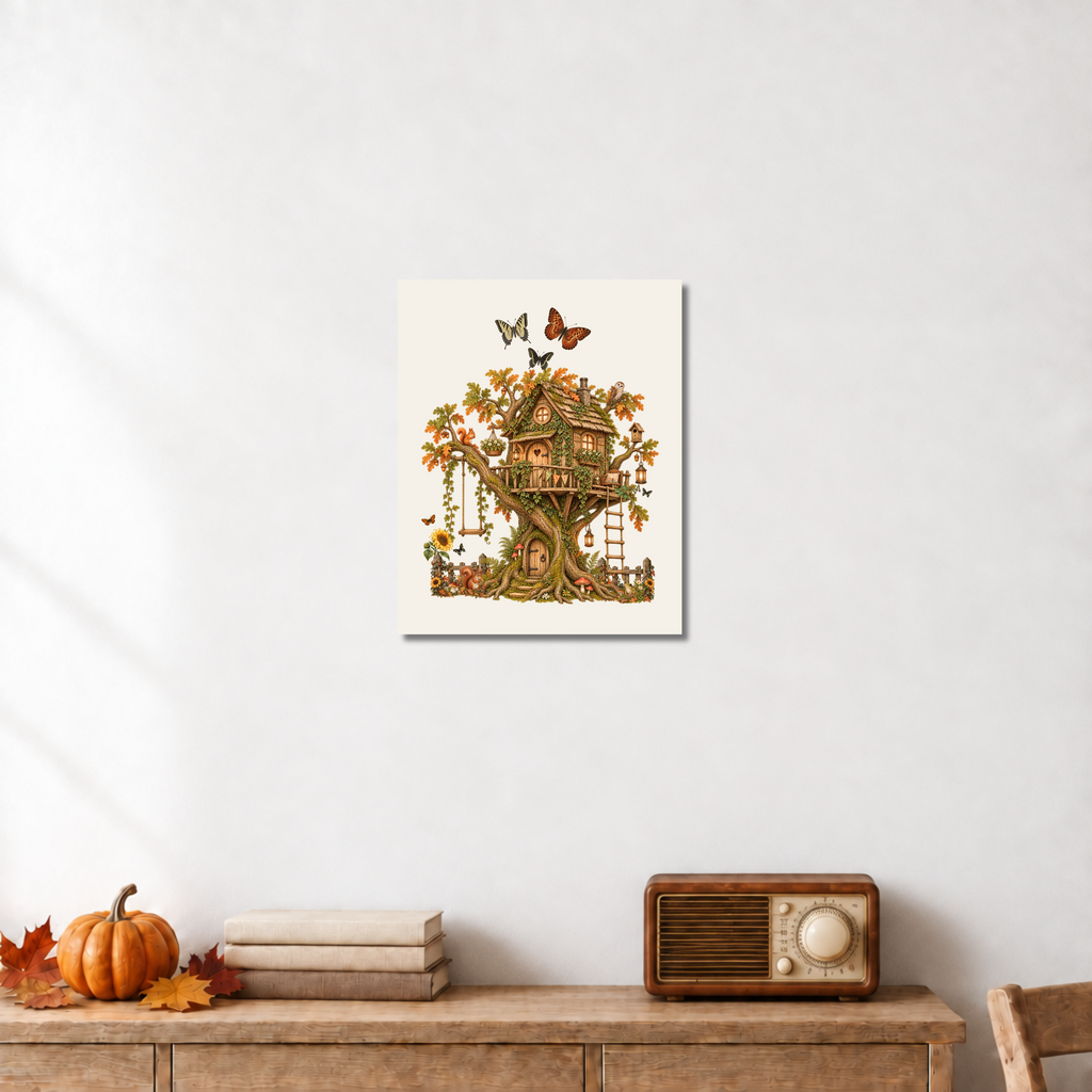 A vertical art print featuring a whimsical treehouse illustration with autumn leaves, butterflies, and small figures, displayed on a light gray wall above a wooden console table with a pumpkin, books, and a vintage radio.