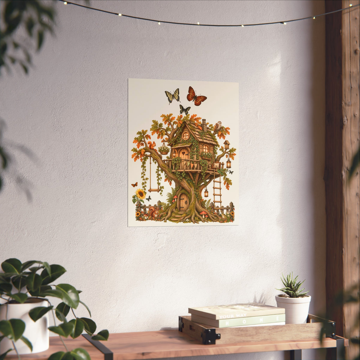 A vertical art print featuring a whimsical treehouse illustration with butterflies and autumn leaves, displayed on a textured white wall above a wooden console table with plants.