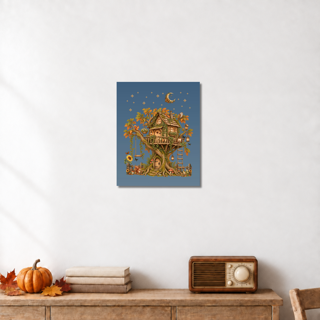 A vertical wall art print featuring a whimsical treehouse illustration under a crescent moon and stars, displayed on a white wall above a wooden console table with a pumpkin, books, and a vintage radio.
