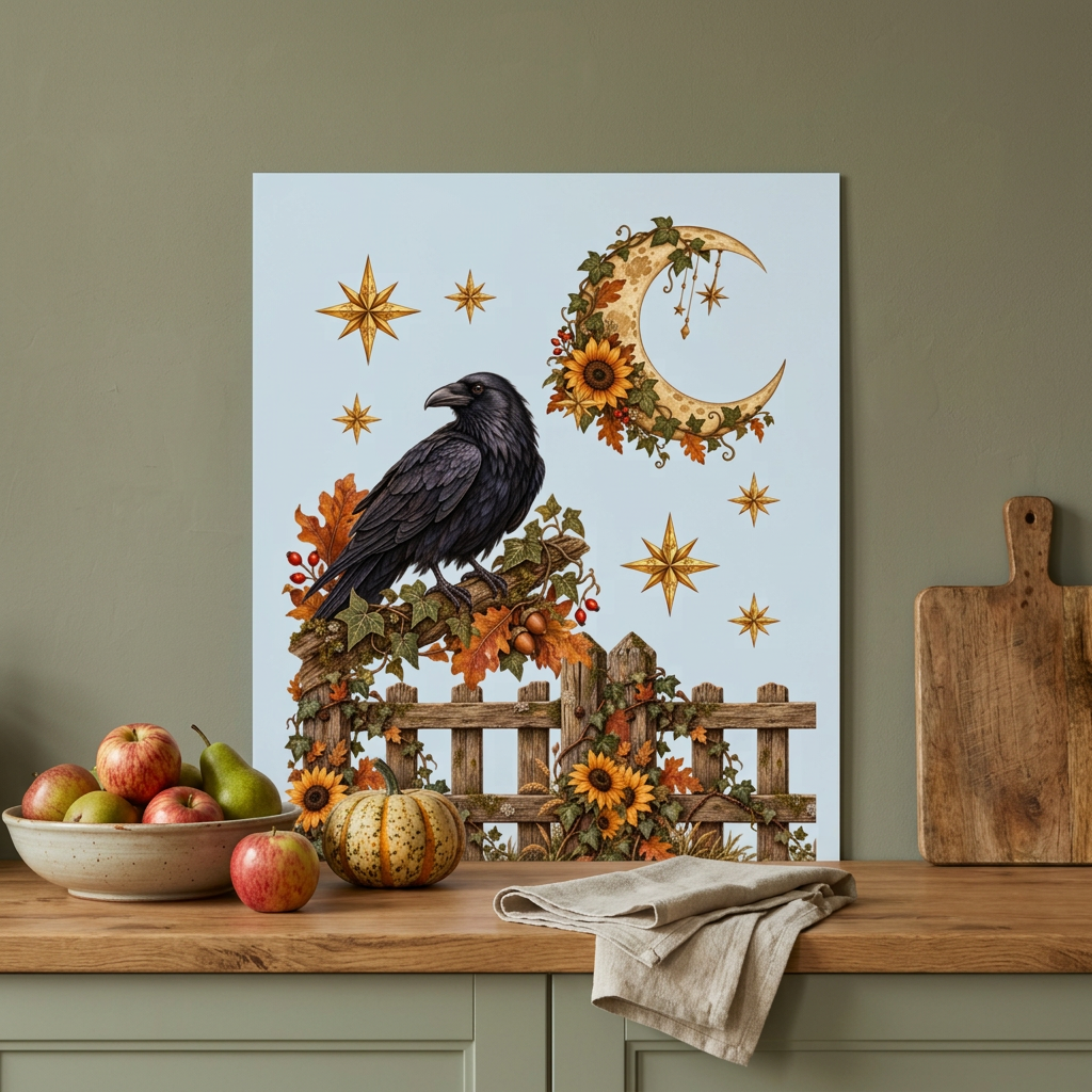 Unframed 4:5 light-blue raven poster in an autumn-green kitchen