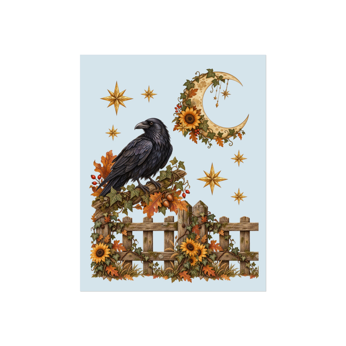 A square art print featuring a black raven perched on a wooden fence decorated with autumn leaves, sunflowers, and a crescent moon wreath, set against a pale blue background with gold stars.