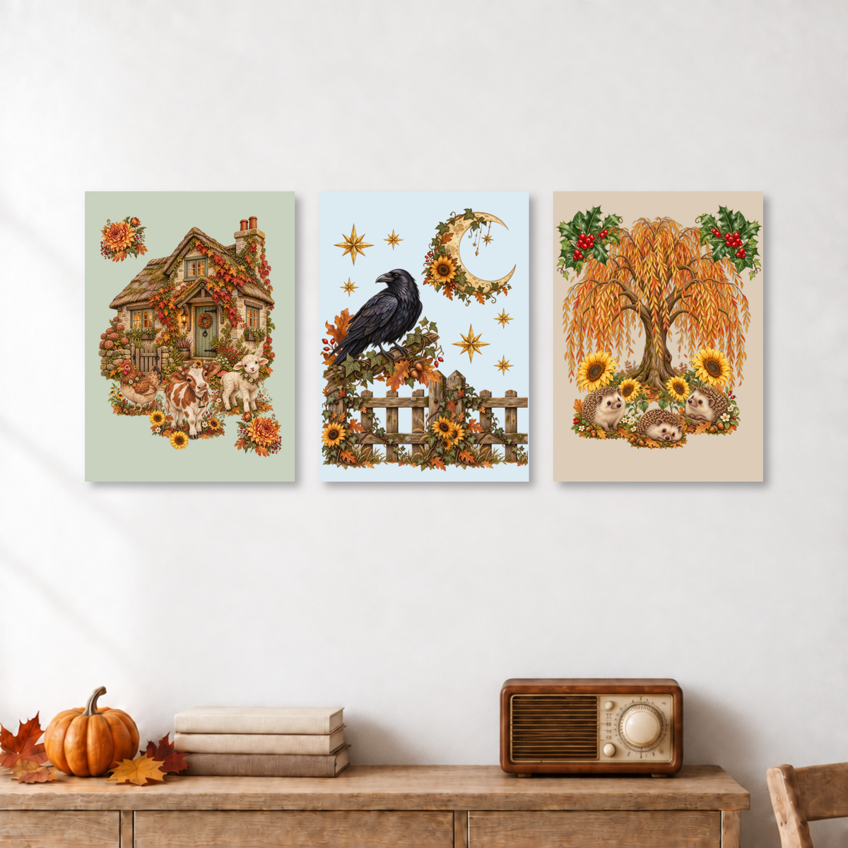 Three vertical autumn-themed art prints are displayed side-by-side on a white wall above a wooden console table. The left print shows a cozy cottage surrounded by fall foliage and a dog; the middle print features a black raven perched on a fence next to a crescent moon and sunflower; the right print shows a weeping willow tree with sunflowers, rabbits, and holly.