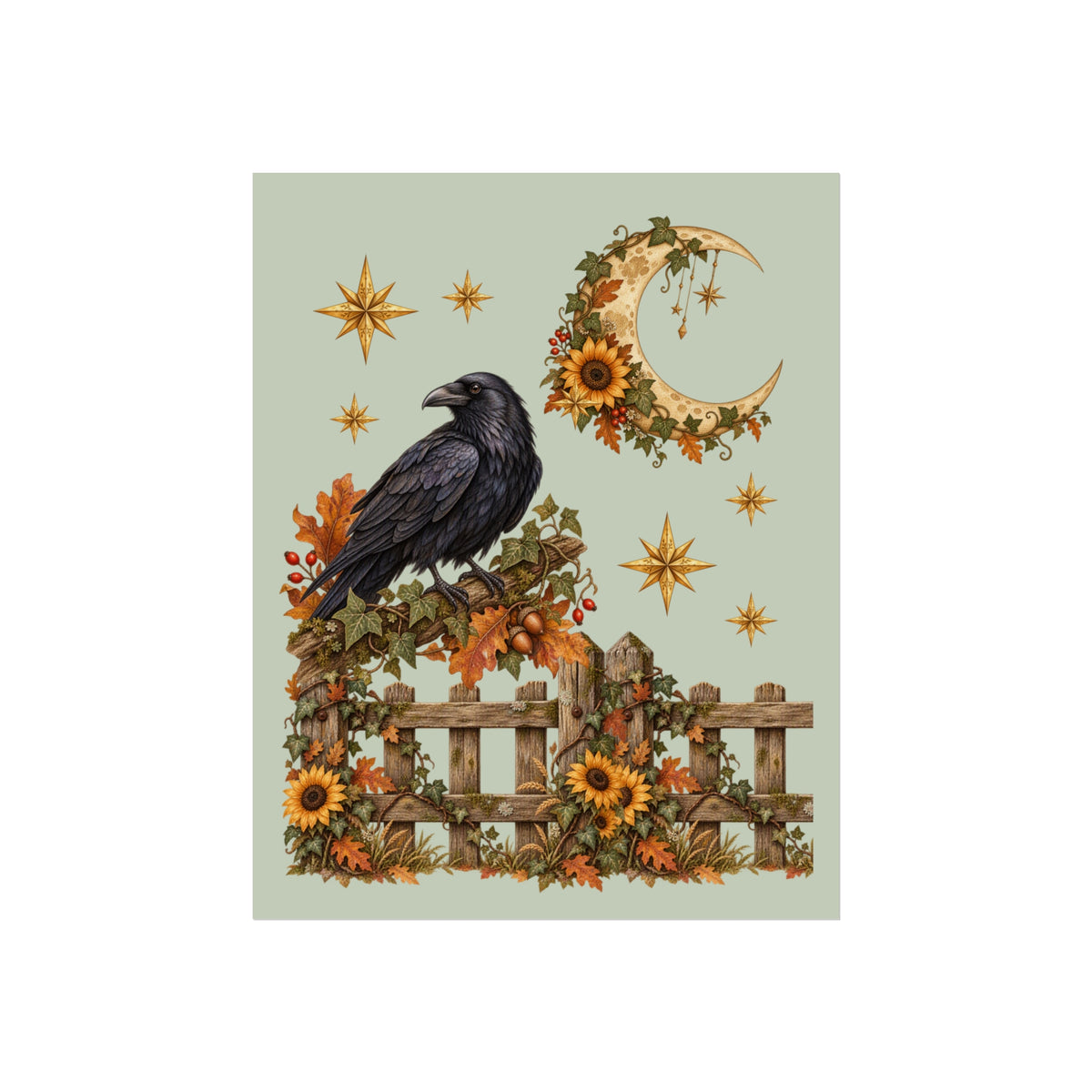 A square art print featuring a black raven perched on a wooden fence decorated with sunflowers and autumn leaves, with a crescent moon wreath and gold stars on a pale sage green background.