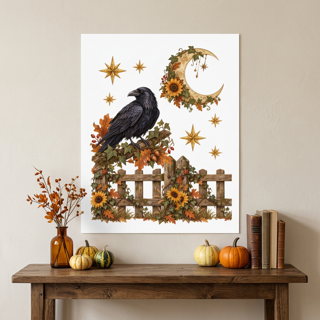 Unframed 4:5 raven poster in an autumn cottage setting