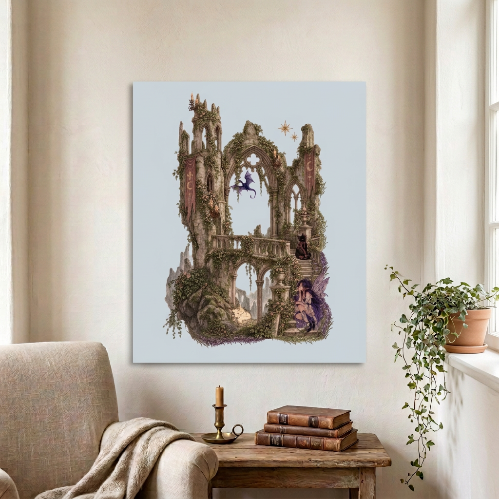 Borderless light blue castle ruins poster in a cosy reading nook