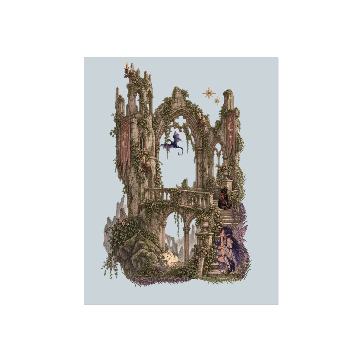 A fantasy art print depicting a weathered stone gothic ruin covered in green ivy, with small illustrated figures and stars in a whimsical scene, centered on a light gray background.