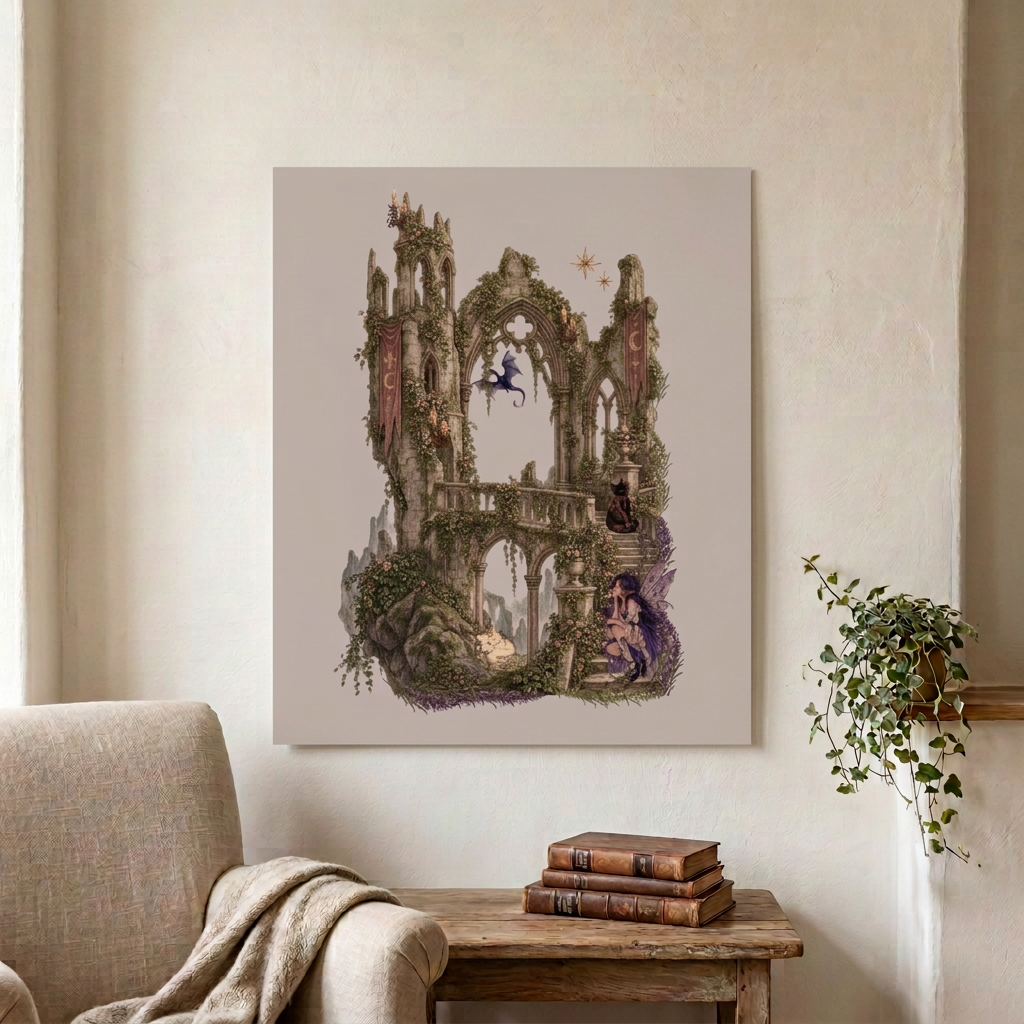 Borderless mushroom castle ruins poster in a cosy reading nook