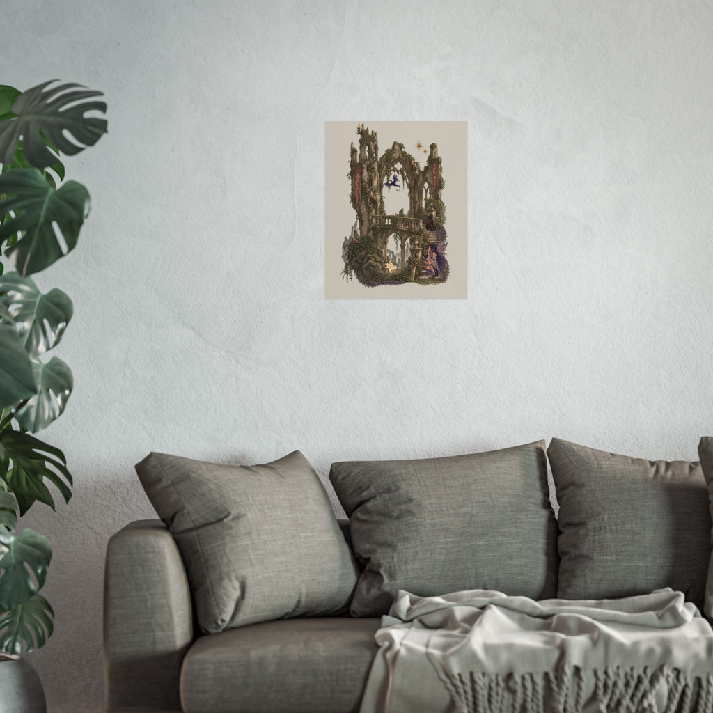 A framed vertical art print featuring a witch character holding lavender, displayed on a textured light gray wall above a gray sofa with pillows and a throw blanket, with a green plant visible on the left.
