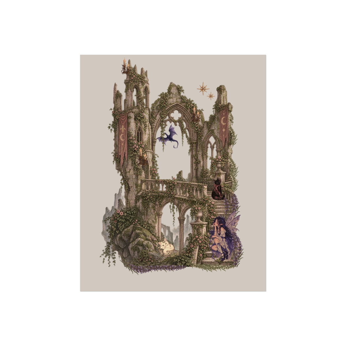 A fantasy art print depicting a gothic ruin covered in green ivy, with a blue dragon perched on the archway and a small figure sitting on the steps below, set against a light beige background.
