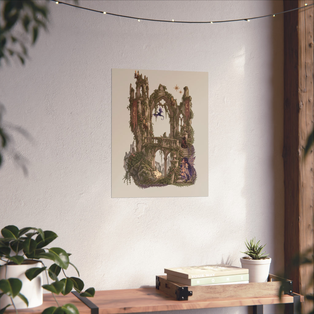 A vertical art print featuring a whimsical, fantasy-style illustration of a stone archway and tower structure in earthy greens and browns, set against a pale blue background. The print is displayed on a textured off-white wall above a wooden console table decorated with books, a small succulent, and potted plants.
