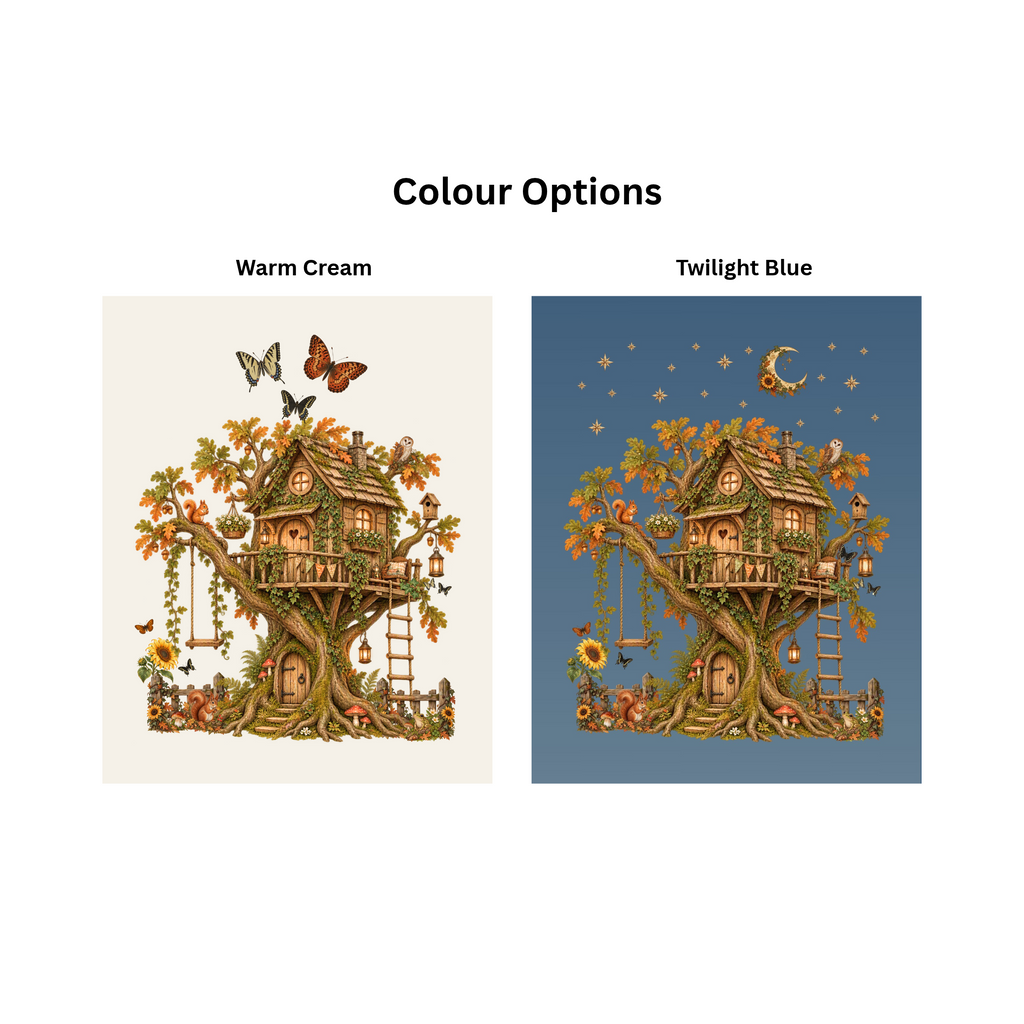 A color options graphic showing two illustrated treehouse designs side by side under the heading 'Colour Options.' The left design is labeled 'Warm Cream' on a warm off-white background, and the right design is labeled 'Twilight Blue' on a muted blue background.