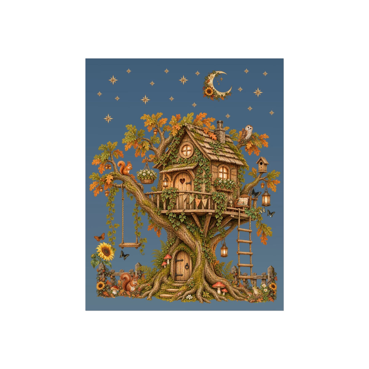 A whimsical treehouse illustration centered on a muted blue background, featuring a cozy treehouse with a ladder, swing, sunflowers, birds, stars, and a crescent moon.