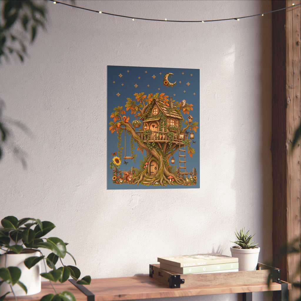 A vertical art print depicting a whimsical treehouse under a crescent moon and stars, displayed on a white wall above a wooden console table with plants.