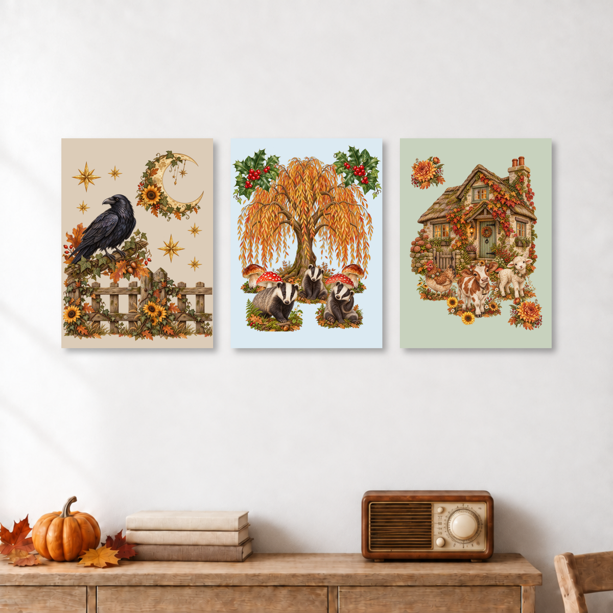 Three vertical wall art prints with autumn-themed illustrations are displayed on a white wall above a wooden console table. The left print shows a black raven perched on a fence with sunflowers and a wreath.