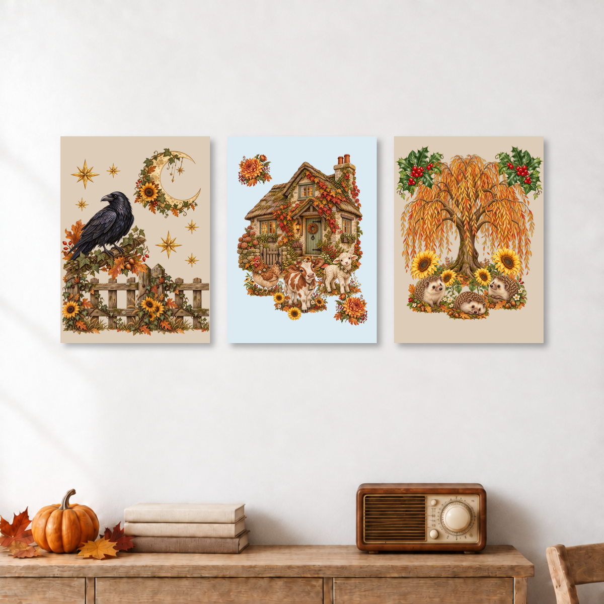 Three vertical autumn-themed art prints are displayed side-by-side on a white wall above a wooden console table. The left print shows a black raven perched on a fence with sunflowers and a crescent moon; the middle print shows a cottage surrounded by fall foliage and sheep on a light blue background; the right print shows a weeping willow tree with sunflowers, pumpkins, and rabbits.