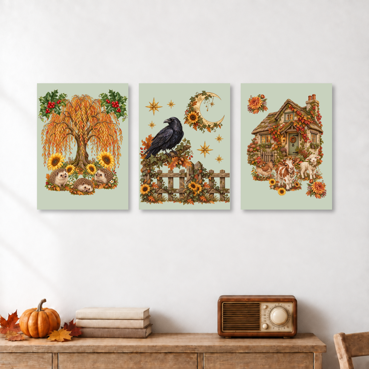 Raven, Moon & Stars Art Print - Sage Green