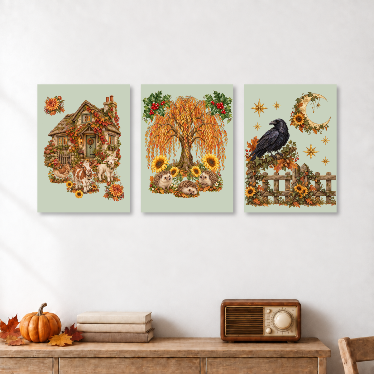 Three vertical autumn-themed art prints displayed side-by-side on a white wall above a wooden console table. The prints feature a cozy cottage with dogs, a weeping tree with sunflowers, and a black raven perched on a fence under a crescent moon and sunflowers.