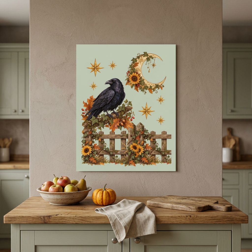 Unframed sage-green 4:5 raven poster in an autumn kitchen